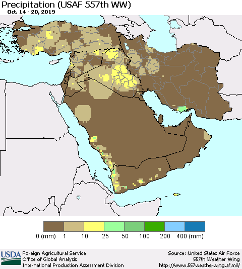 Middle East and Turkey Precipitation (USAF 557th WW) Thematic Map For 10/14/2019 - 10/20/2019