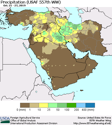 Middle East and Turkey Precipitation (USAF 557th WW) Thematic Map For 10/21/2019 - 10/27/2019