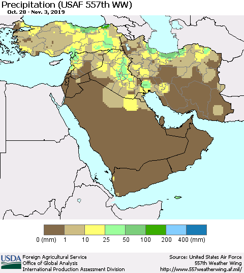 Middle East and Turkey Precipitation (USAF 557th WW) Thematic Map For 10/28/2019 - 11/3/2019