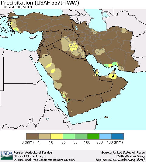 Middle East and Turkey Precipitation (USAF 557th WW) Thematic Map For 11/4/2019 - 11/10/2019