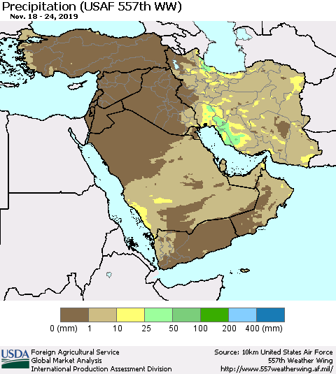 Middle East and Turkey Precipitation (USAF 557th WW) Thematic Map For 11/18/2019 - 11/24/2019