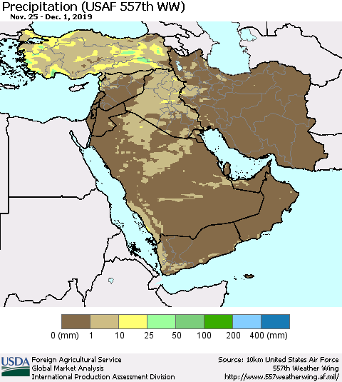 Middle East and Turkey Precipitation (USAF 557th WW) Thematic Map For 11/25/2019 - 12/1/2019
