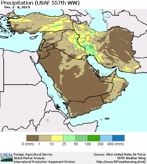 Middle East and Turkey Precipitation (USAF 557th WW) Thematic Map For 12/2/2019 - 12/8/2019