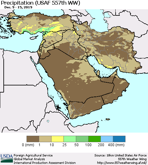 Middle East and Turkey Precipitation (USAF 557th WW) Thematic Map For 12/9/2019 - 12/15/2019