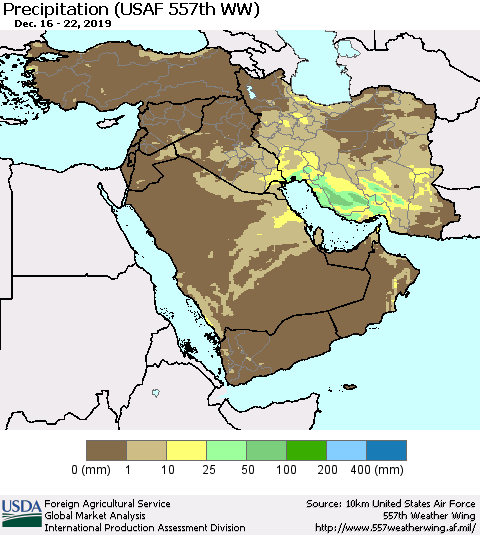Middle East and Turkey Precipitation (USAF 557th WW) Thematic Map For 12/16/2019 - 12/22/2019