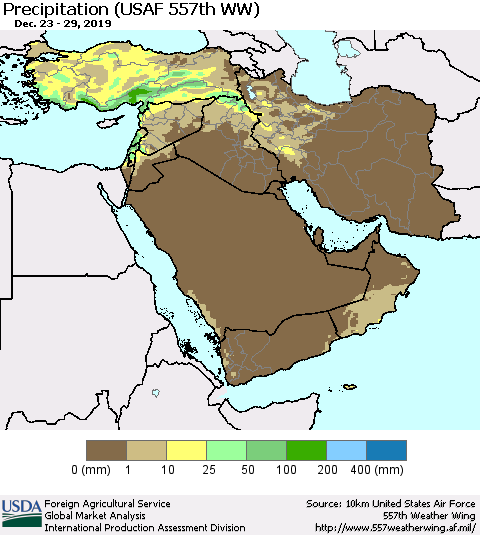 Middle East and Turkey Precipitation (USAF 557th WW) Thematic Map For 12/23/2019 - 12/29/2019