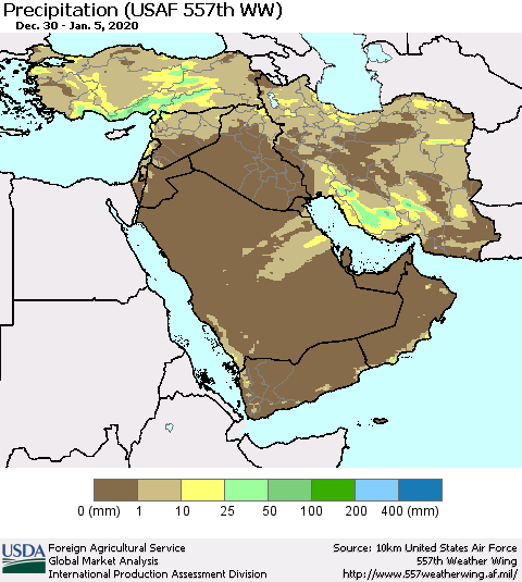 Middle East and Turkey Precipitation (USAF 557th WW) Thematic Map For 12/30/2019 - 1/5/2020