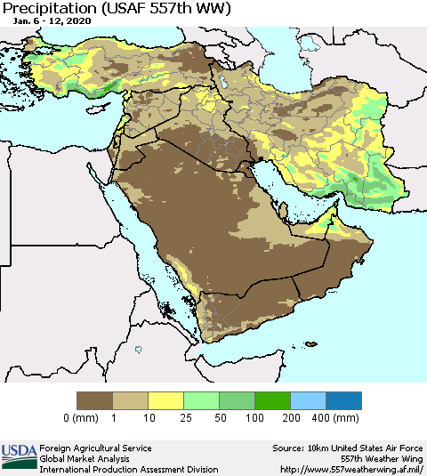 Middle East and Turkey Precipitation (USAF 557th WW) Thematic Map For 1/6/2020 - 1/12/2020