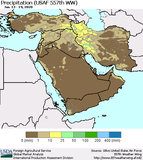 Middle East and Turkey Precipitation (USAF 557th WW) Thematic Map For 1/13/2020 - 1/19/2020