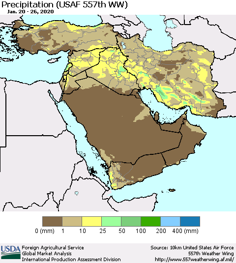 Middle East and Turkey Precipitation (USAF 557th WW) Thematic Map For 1/20/2020 - 1/26/2020
