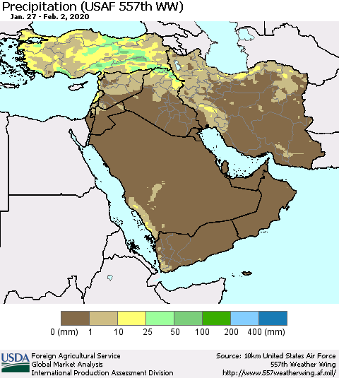 Middle East and Turkey Precipitation (USAF 557th WW) Thematic Map For 1/27/2020 - 2/2/2020