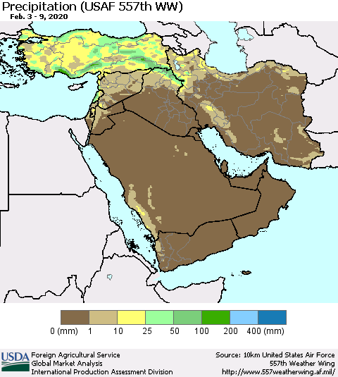 Middle East and Turkey Precipitation (USAF 557th WW) Thematic Map For 2/3/2020 - 2/9/2020