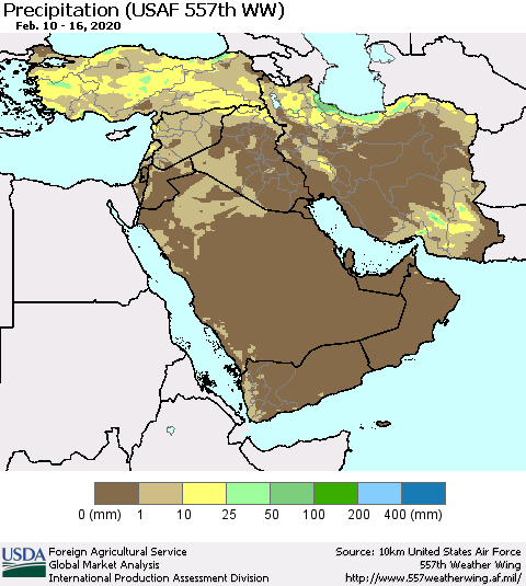 Middle East and Turkey Precipitation (USAF 557th WW) Thematic Map For 2/10/2020 - 2/16/2020