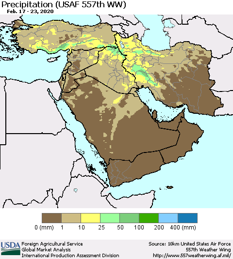 Middle East and Turkey Precipitation (USAF 557th WW) Thematic Map For 2/17/2020 - 2/23/2020