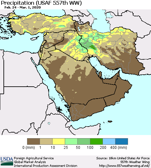 Middle East and Turkey Precipitation (USAF 557th WW) Thematic Map For 2/24/2020 - 3/1/2020