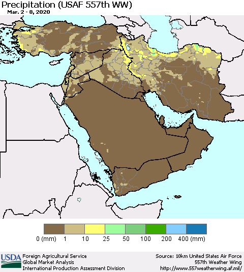 Middle East and Turkey Precipitation (USAF 557th WW) Thematic Map For 3/2/2020 - 3/8/2020
