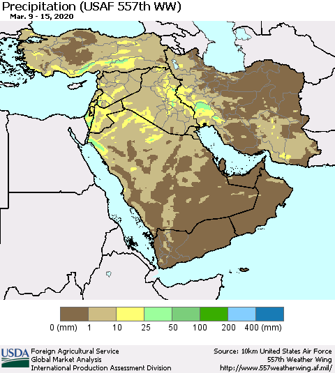Middle East and Turkey Precipitation (USAF 557th WW) Thematic Map For 3/9/2020 - 3/15/2020
