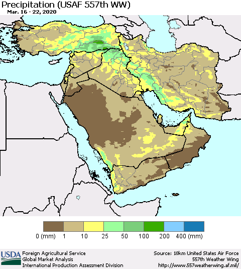Middle East and Turkey Precipitation (USAF 557th WW) Thematic Map For 3/16/2020 - 3/22/2020