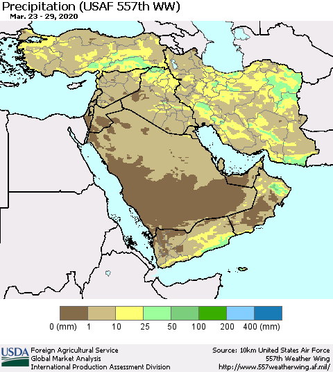 Middle East and Turkey Precipitation (USAF 557th WW) Thematic Map For 3/23/2020 - 3/29/2020