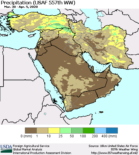 Middle East and Turkey Precipitation (USAF 557th WW) Thematic Map For 3/30/2020 - 4/5/2020