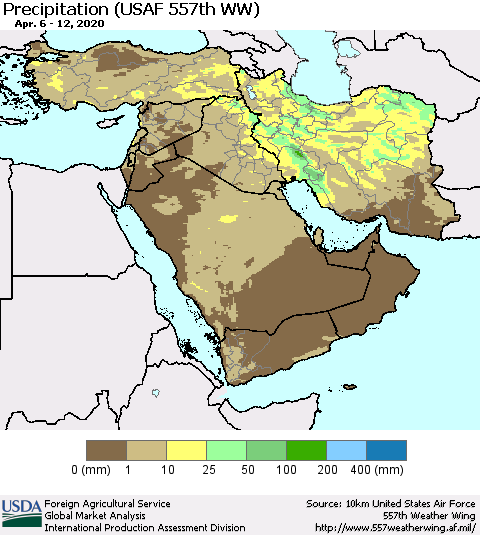 Middle East and Turkey Precipitation (USAF 557th WW) Thematic Map For 4/6/2020 - 4/12/2020