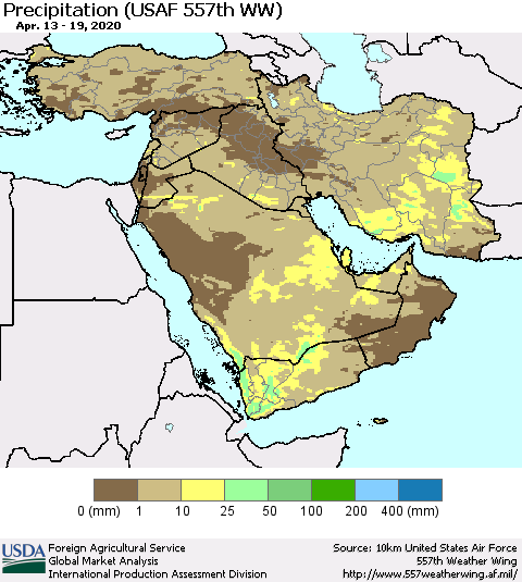 Middle East and Turkey Precipitation (USAF 557th WW) Thematic Map For 4/13/2020 - 4/19/2020