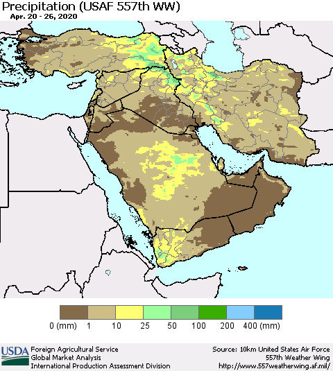 Middle East and Turkey Precipitation (USAF 557th WW) Thematic Map For 4/20/2020 - 4/26/2020
