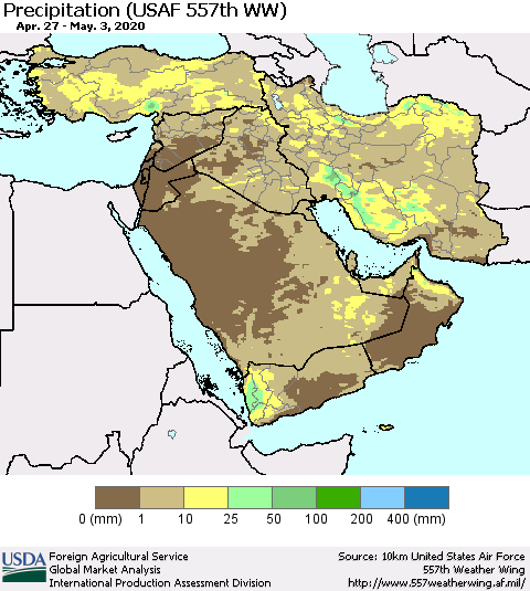 Middle East and Turkey Precipitation (USAF 557th WW) Thematic Map For 4/27/2020 - 5/3/2020