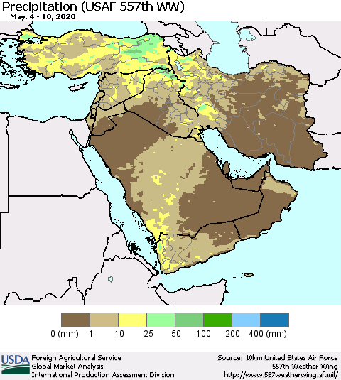 Middle East and Turkey Precipitation (USAF 557th WW) Thematic Map For 5/4/2020 - 5/10/2020