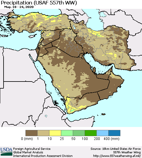 Middle East and Turkey Precipitation (USAF 557th WW) Thematic Map For 5/18/2020 - 5/24/2020