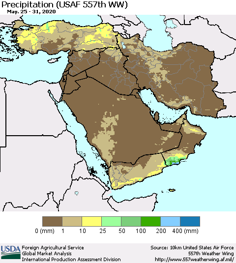 Middle East and Turkey Precipitation (USAF 557th WW) Thematic Map For 5/25/2020 - 5/31/2020
