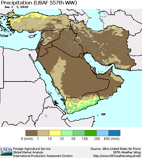 Middle East and Turkey Precipitation (USAF 557th WW) Thematic Map For 6/1/2020 - 6/7/2020