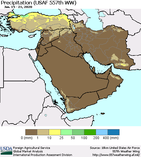 Middle East and Turkey Precipitation (USAF 557th WW) Thematic Map For 6/15/2020 - 6/21/2020