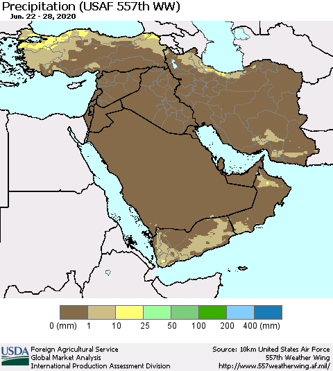 Middle East and Turkey Precipitation (USAF 557th WW) Thematic Map For 6/22/2020 - 6/28/2020