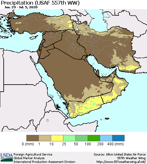 Middle East and Turkey Precipitation (USAF 557th WW) Thematic Map For 6/29/2020 - 7/5/2020