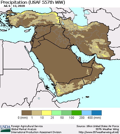 Middle East and Turkey Precipitation (USAF 557th WW) Thematic Map For 7/6/2020 - 7/12/2020