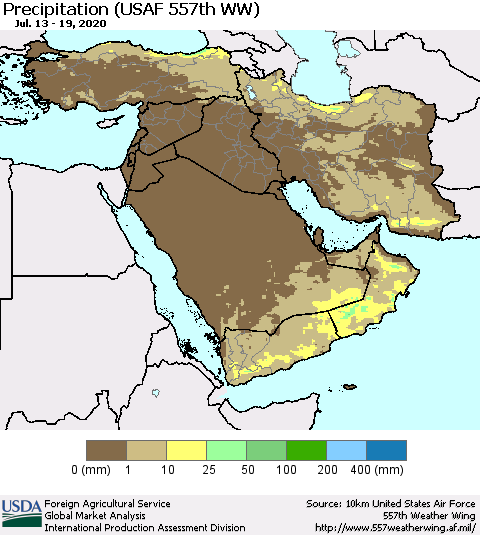 Middle East and Turkey Precipitation (USAF 557th WW) Thematic Map For 7/13/2020 - 7/19/2020