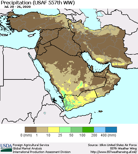 Middle East and Turkey Precipitation (USAF 557th WW) Thematic Map For 7/20/2020 - 7/26/2020