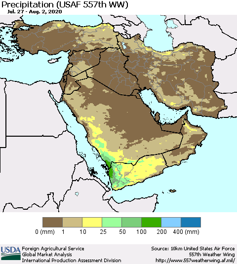 Middle East and Turkey Precipitation (USAF 557th WW) Thematic Map For 7/27/2020 - 8/2/2020
