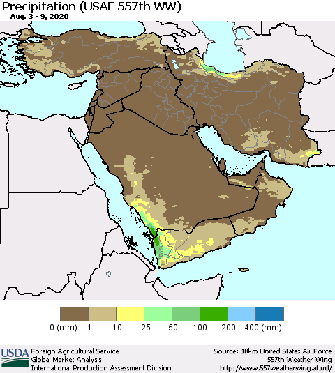 Middle East and Turkey Precipitation (USAF 557th WW) Thematic Map For 8/3/2020 - 8/9/2020