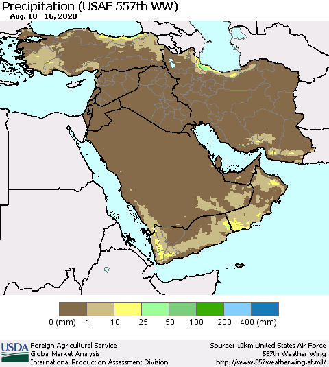 Middle East and Turkey Precipitation (USAF 557th WW) Thematic Map For 8/10/2020 - 8/16/2020