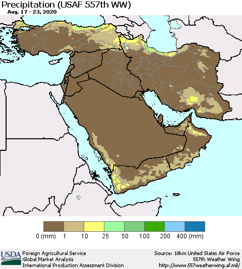 Middle East and Turkey Precipitation (USAF 557th WW) Thematic Map For 8/17/2020 - 8/23/2020