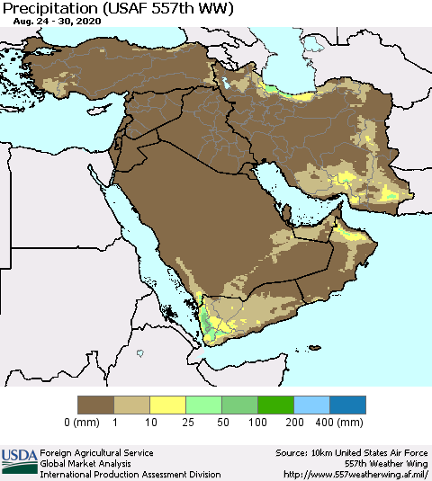 Middle East and Turkey Precipitation (USAF 557th WW) Thematic Map For 8/24/2020 - 8/30/2020