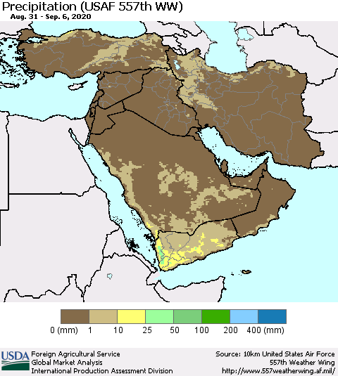 Middle East and Turkey Precipitation (USAF 557th WW) Thematic Map For 8/31/2020 - 9/6/2020