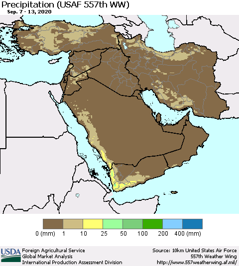 Middle East and Turkey Precipitation (USAF 557th WW) Thematic Map For 9/7/2020 - 9/13/2020