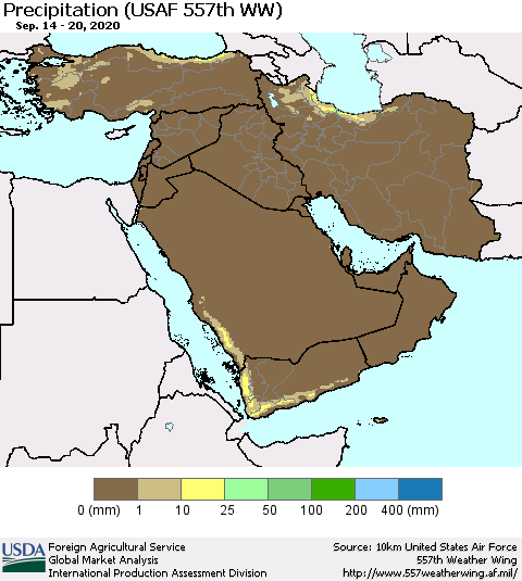 Middle East and Turkey Precipitation (USAF 557th WW) Thematic Map For 9/14/2020 - 9/20/2020