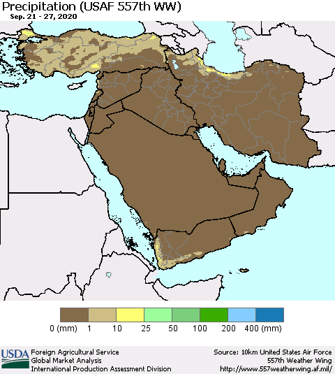 Middle East and Turkey Precipitation (USAF 557th WW) Thematic Map For 9/21/2020 - 9/27/2020
