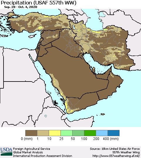 Middle East and Turkey Precipitation (USAF 557th WW) Thematic Map For 9/28/2020 - 10/4/2020