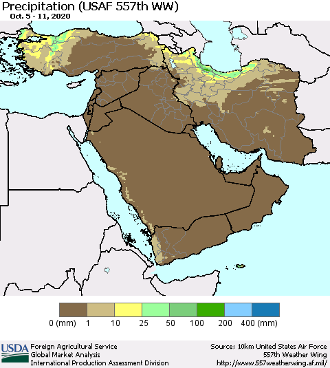 Middle East and Turkey Precipitation (USAF 557th WW) Thematic Map For 10/5/2020 - 10/11/2020