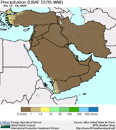 Middle East and Turkey Precipitation (USAF 557th WW) Thematic Map For 10/12/2020 - 10/18/2020